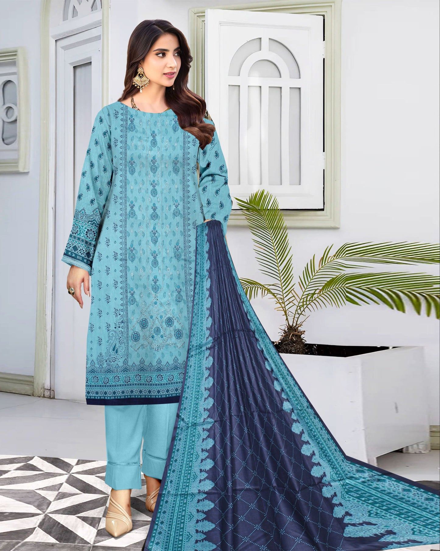 Ocean Blue – 3-Piece Unstitched Embroidered Lawn Suit