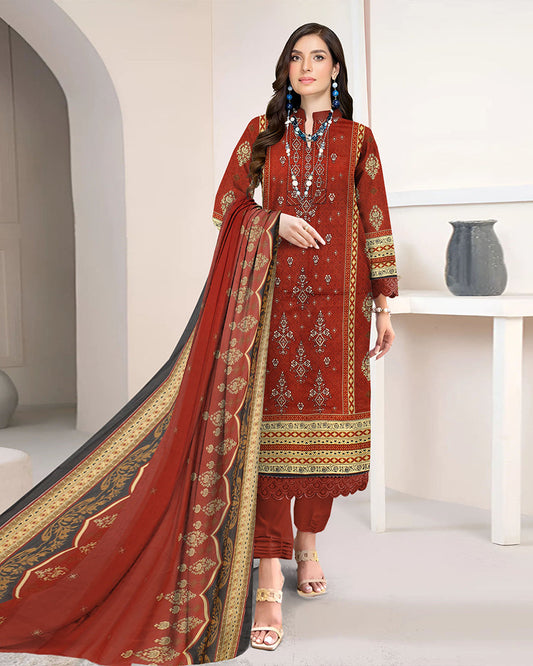 Gulnaar Flame – 3-Piece Unstitched Embroidered Lawn Suit
