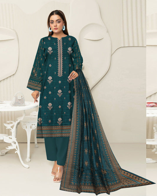 Bottle Green – 3-Piece Unstitched Embroidered Lawn Suit