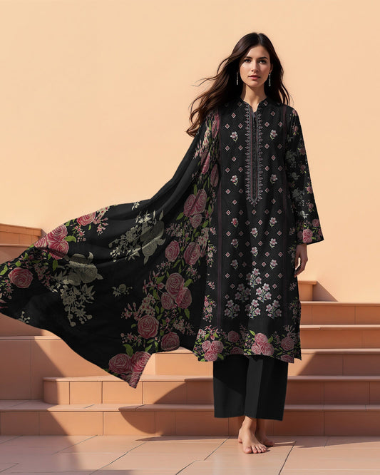 Black Blossom Elegance –3-Piece Unstitched  EmbroideredLawn Suit