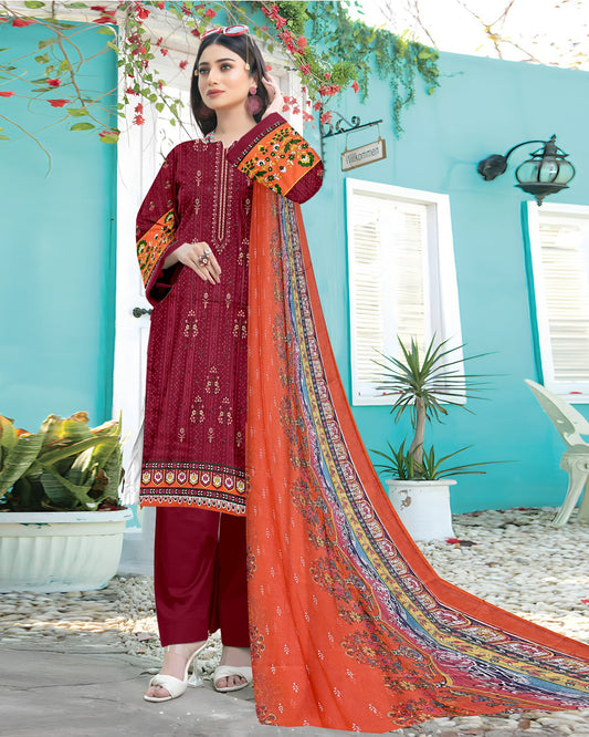 Crimson Radiance – 3-Piece Unstitched Embroidered Lawn Suit