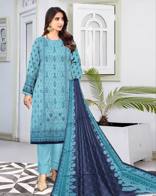 Ocean Blue – 3-Piece Unstitched Embroidered Lawn Suit