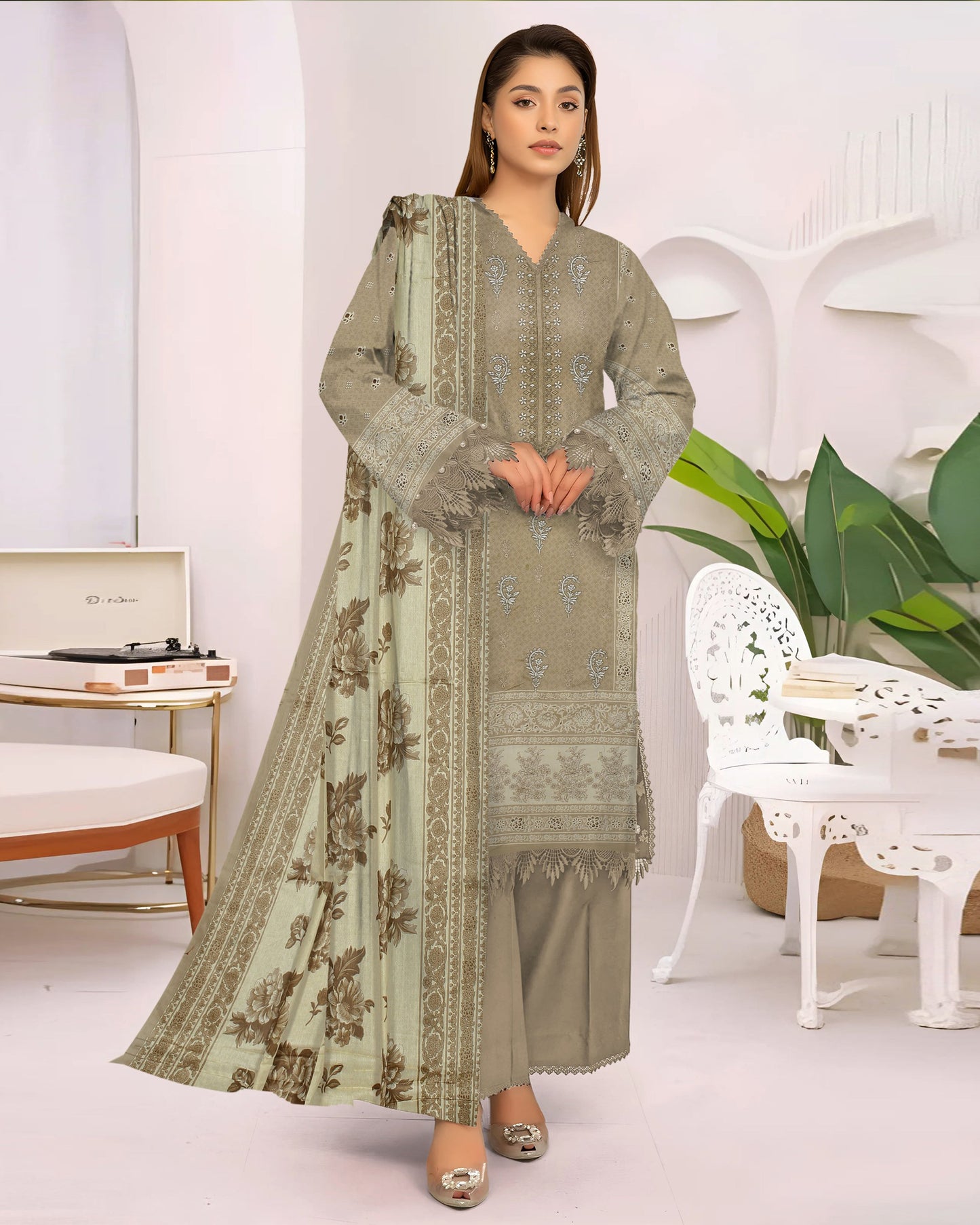 Pastel Olive – 3-Piece Unstitched  Embroidered Lawn Suit