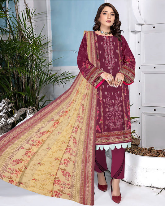 Maroon Blossom – 3-Piece Unstitched Embroidered Lawn Suit