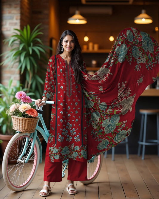 Deep Rose–3-Piece Unstitched  Embroidered Lawn Suit