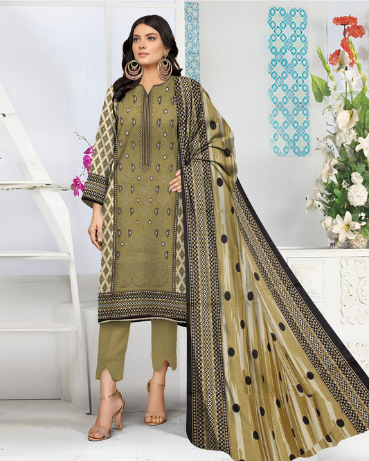 Olive Charm – 3-Piece Unstitched Embroidered Lawn Suit