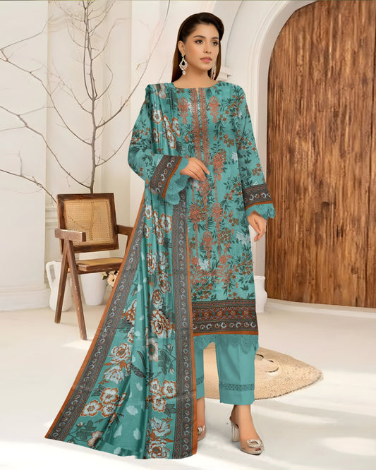 Teal Whisper – 3-Piece Unstitched Embroidered Lawn Suit