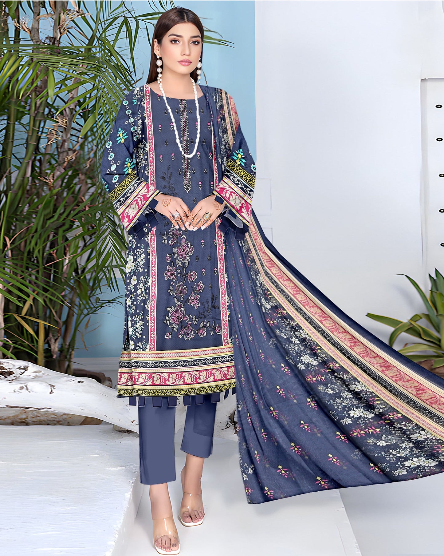 Indigo Harmony – 3-Piece Unstitched Embroidered Lawn Suit