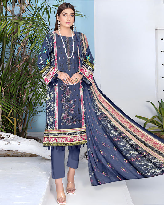 Indigo Harmony – 3-Piece Unstitched Embroidered Lawn Suit