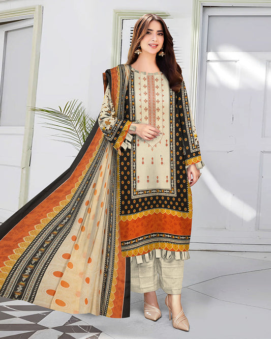 Cream Orange – 3-Piece Unstitched Embroidered Lawn Suit