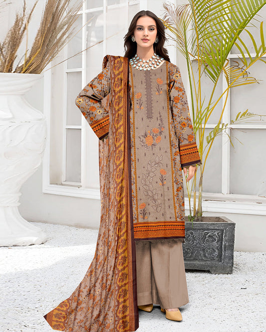 Khaki Bloom – 3-Piece Unstitched Embroidered Lawn Suit