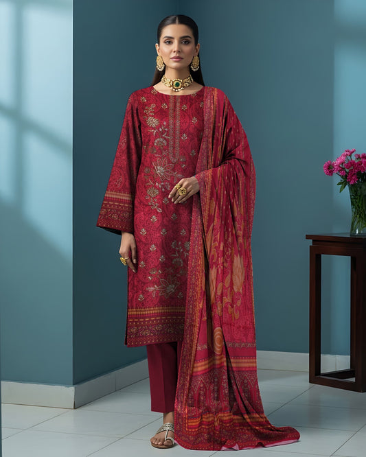 Ruby Red – 3-Piece Unstitched Embroidered Dhanak Suit