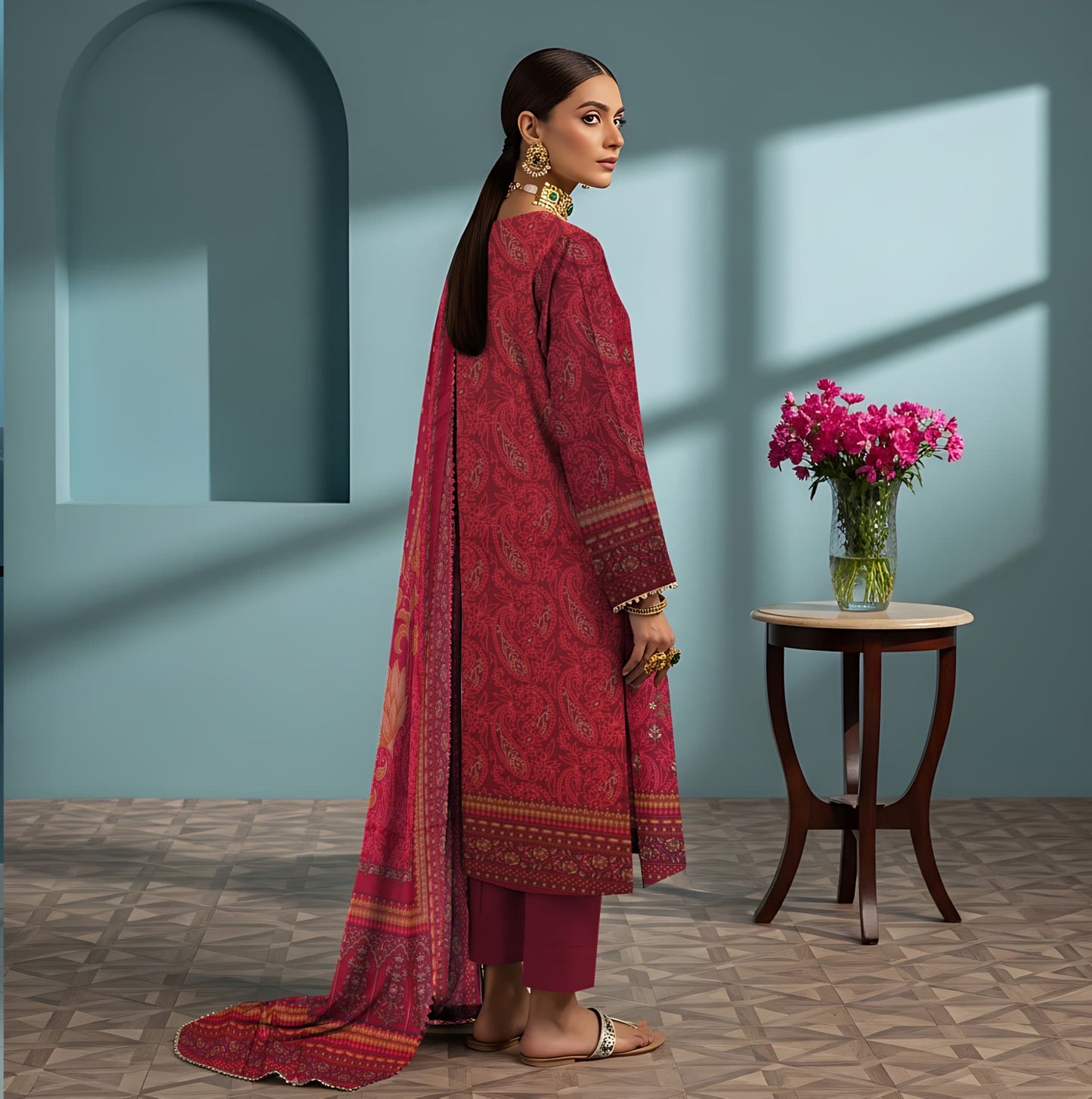 Ruby Red – 3-Piece Unstitched Embroidered Dhanak Suit