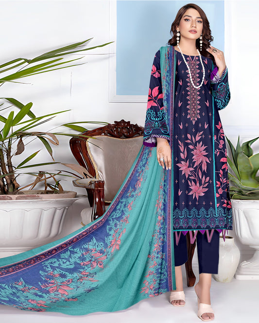 Navy Blossom – 3-Piece Unstitched Embroidered Lawn Suit