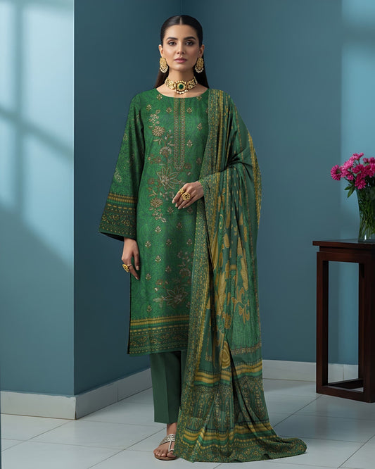 Pine Green – 3-Piece Unstitched Embroidered Dhanak Suit