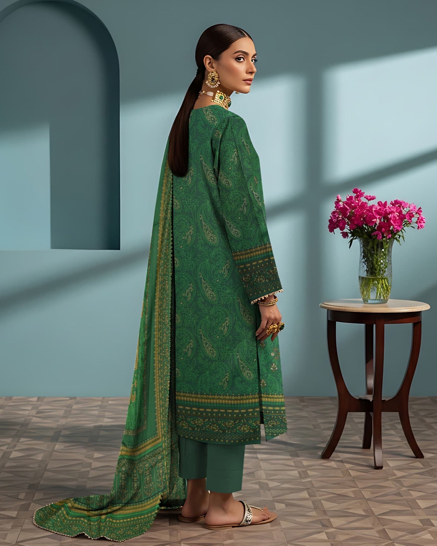 Pine Green – 3-Piece Unstitched Embroidered Dhanak Suit