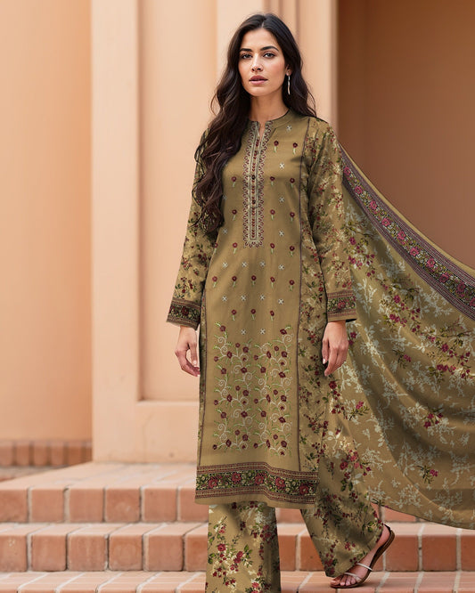 Olive Green– 3-Piece Unstitched Embroidered Lawn Suit