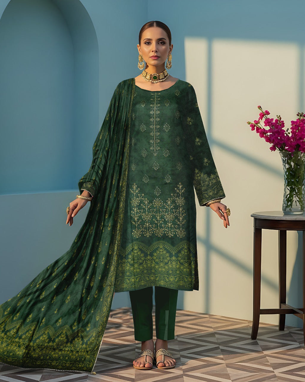 Deep Green – 3-Piece Unstitched Embroidered  Dhanak Suit