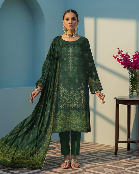 Deep Green – 3-Piece Unstitched Embroidered  Dhanak Suit
