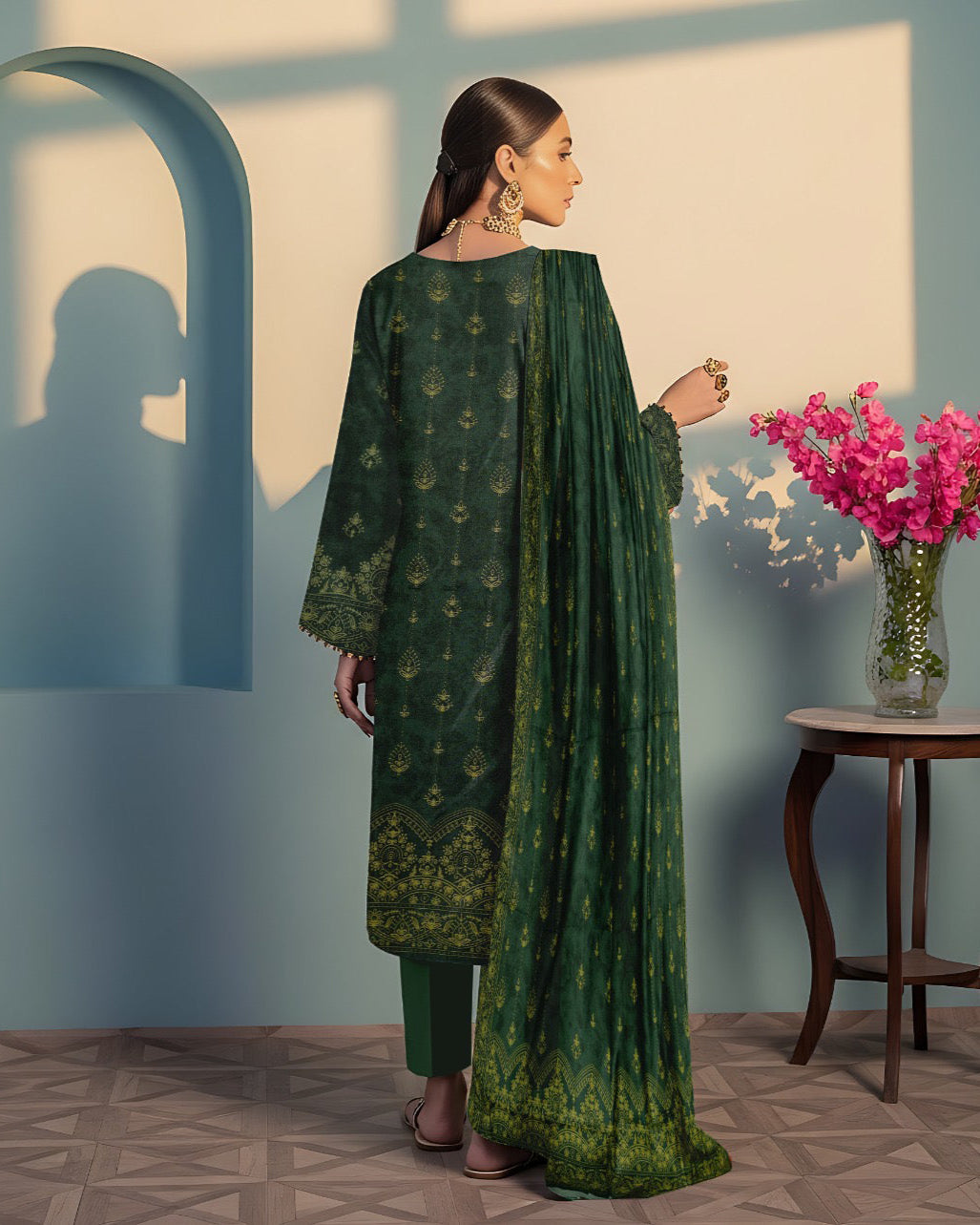 Deep Green – 3-Piece Unstitched Embroidered  Dhanak Suit