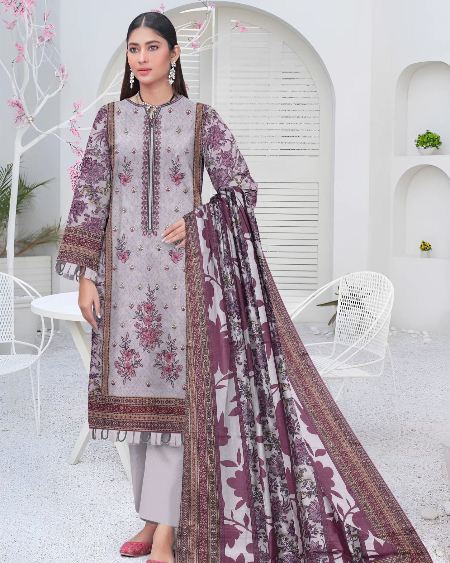 Plum Serenity – 3-Piece Unstitched Embroidered Lawn Suit.