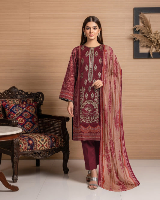 Maroon Grace – 3-Piece Unstitched Embroidered Dhanak Suit