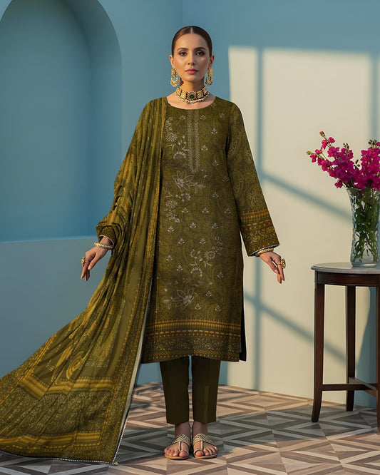 Mehendi – 3-Piece Unstitched Embroidered Dhanak Suit