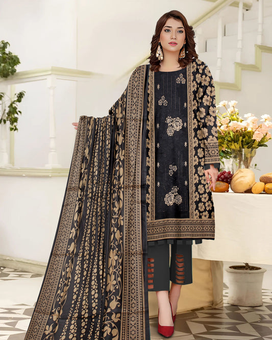 Golden Black &nbsp;Rose – 3-Piece Unstitched  Embroidered Lawn Suit
