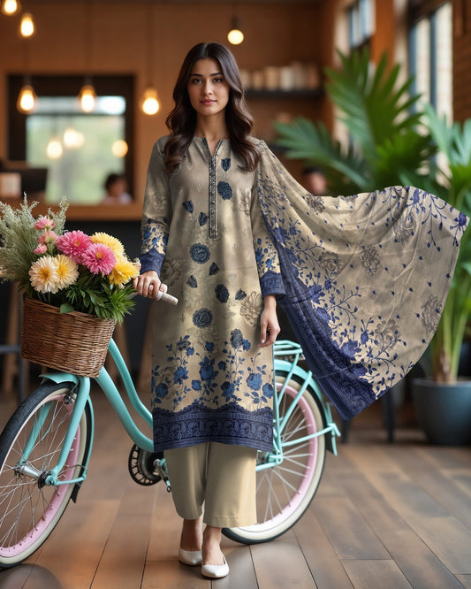 Beige– 3-Piece Unstitched Embroidered Lawn Suit