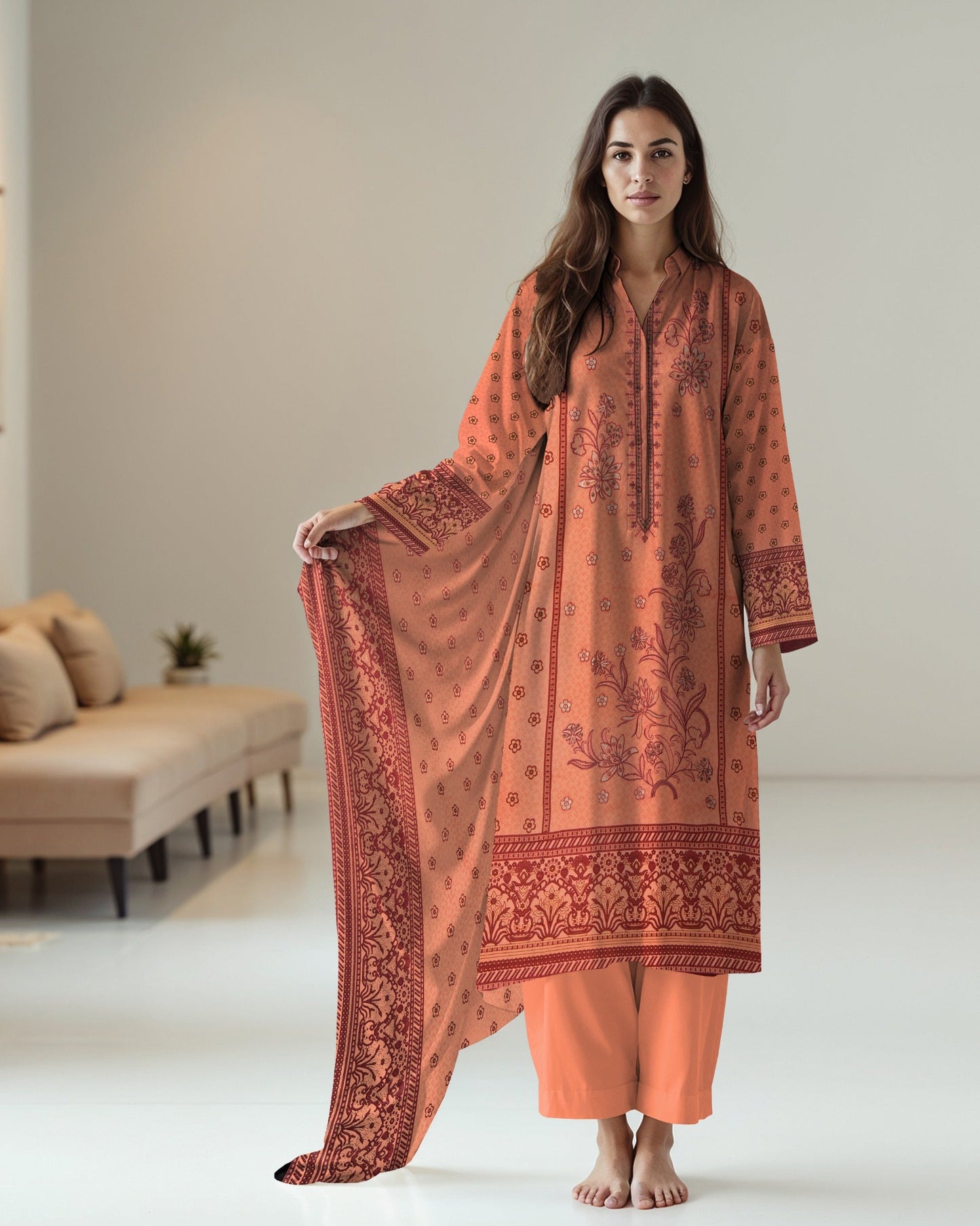 Peachy Pink– 3-Piece Unstitched Embroidered Lawn Suit