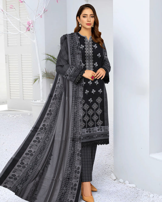 Black Grey – 3-Piece Unstitched Embroidered Lawn Suit
