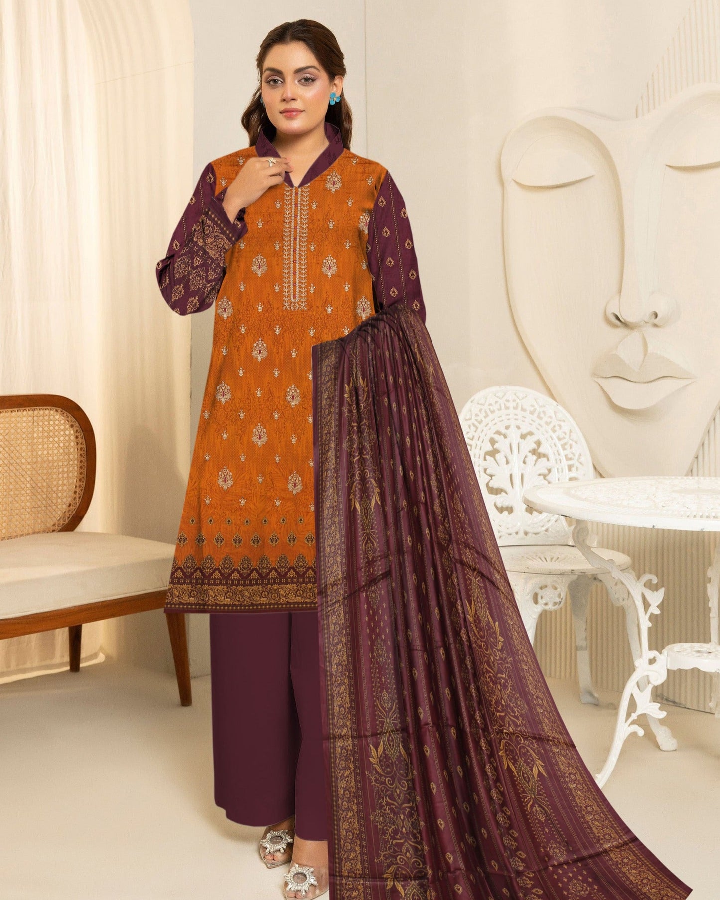 Rust Burnt – 3-Piece  Unstitched Embroidered Lawn Suit