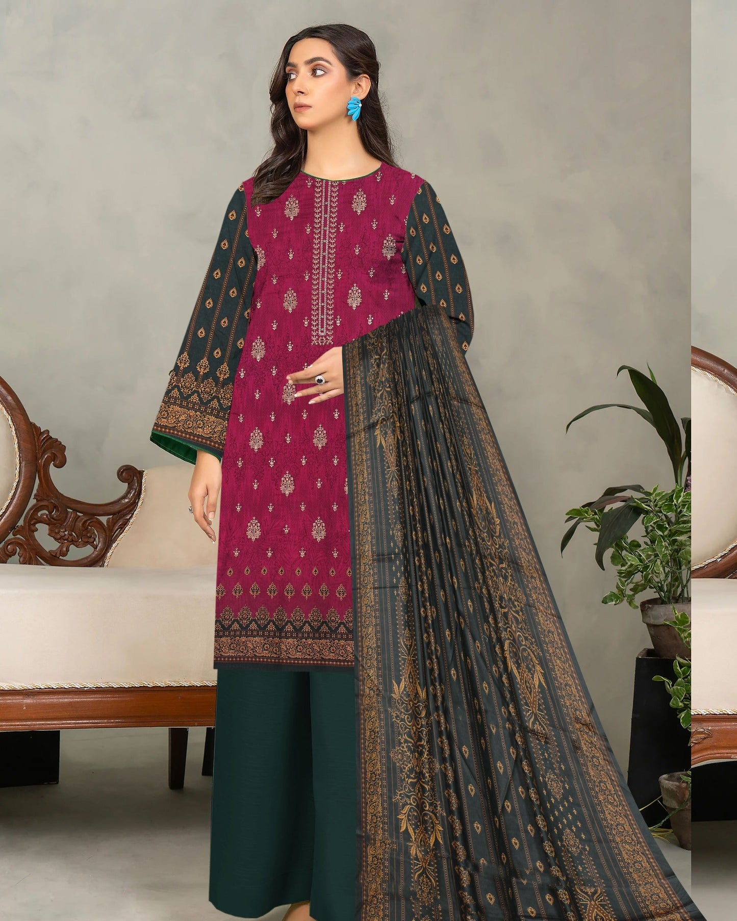 Burgundy – 3-Piece Unstitched Embroidered Lawn Suit