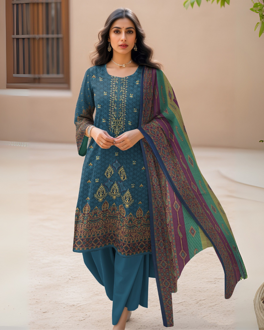 Teal Dream – 3-Piece Unstitched Embroidered Dhanak Suit