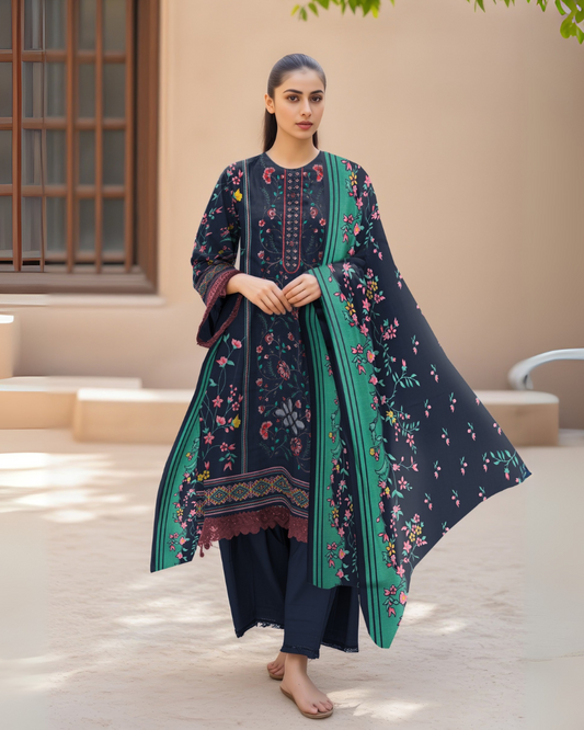 Indigo Bloom – 3-Piece Unstitched Embroidered Dhanak  Suit