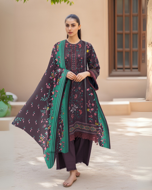 Plum Harmony – 3-Piece Unstitched Embroidered Dhanak Suit