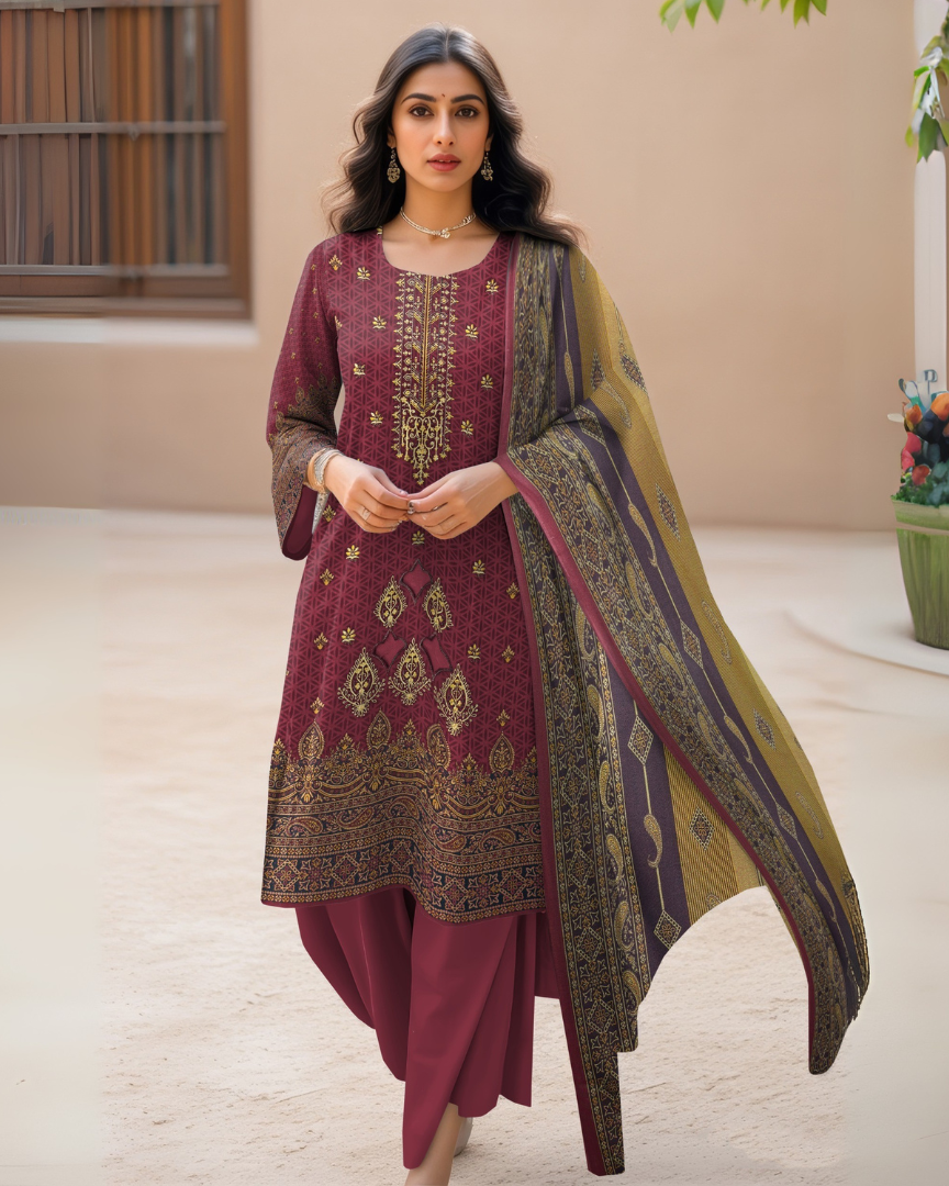 Burgundy Whisper – 3-Piece Unstitched Embroidered Dhanak Suit