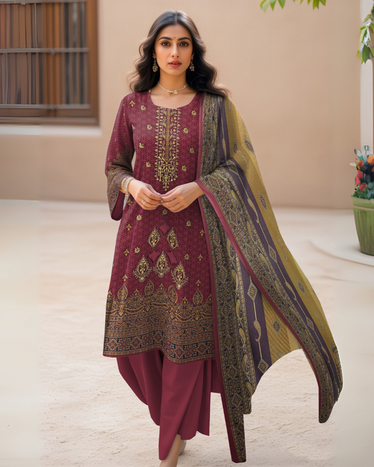 Burgundy Whisper – 3-Piece Unstitched Embroidered Dhanak Suit