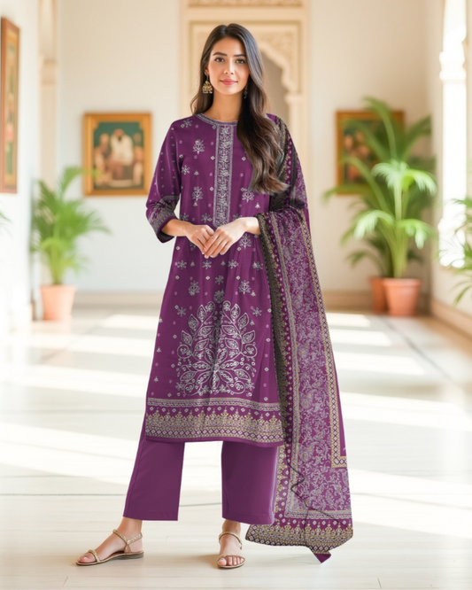 Grape Purple– 3-Piece Unstitched Embroidered Dhanak Suit