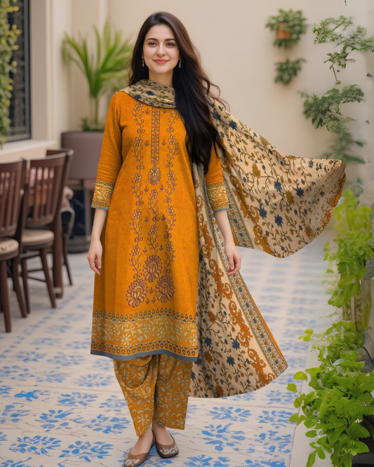 Mustard Glow– 3-Piece Unstitched Embroidered Dhanak Suit